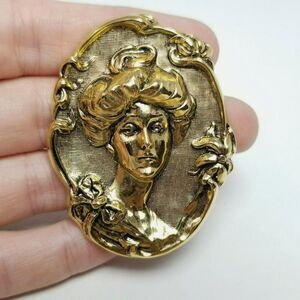 Vintage Cameo Gold Tone Gibson Style Girl Brooch Embossed Pressed Metal Pin